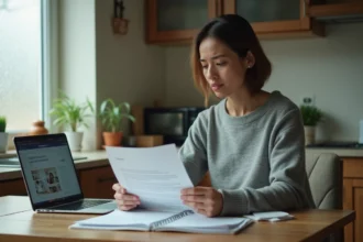Femme consultant des documents administratifs liés au RSA à son domicile en 2026