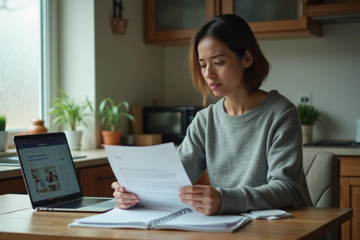Femme consultant des documents administratifs liés au RSA à son domicile en 2026