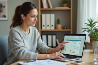 Femme utilisant l'espace client Cyberplus BPVF sur un ordinateur portable dans un bureau à domicile organisé