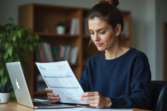 Femme consultant sa fiche de paie à son bureau à domicile pour calculer son salaire net à partir de 2480 euros brut