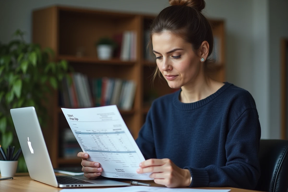 Femme consultant sa fiche de paie à son bureau à domicile pour calculer son salaire net à partir de 2480 euros brut