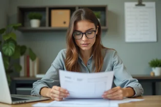 Femme analysant une fiche de paie à son bureau, illustrant le calcul du salaire net à partir d'un brut de 2400 euros