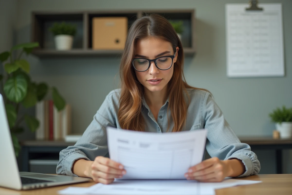 Femme analysant une fiche de paie à son bureau, illustrant le calcul du salaire net à partir d'un brut de 2400 euros