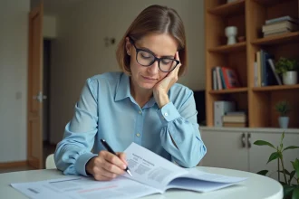 Femme d'âge moyen triant ses documents fiscaux à la maison
