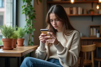 Jeune femme inquiète dans un café avec carte bancaire