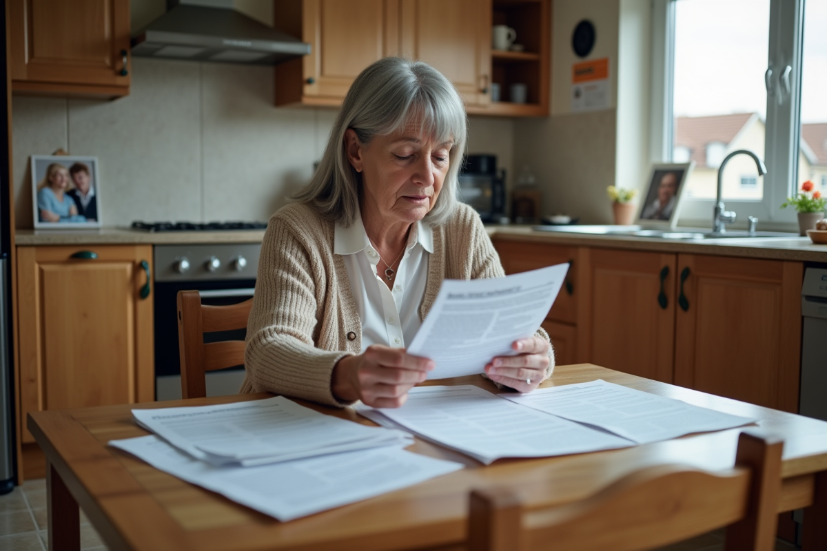 Femme lisant des documents de retraite dans sa cuisine