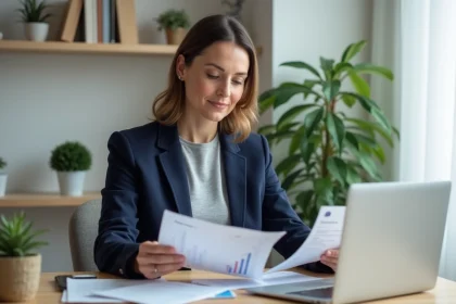 Femme consultant son livret d'épargne CIC face à l'inflation, assise à un bureau à domicile