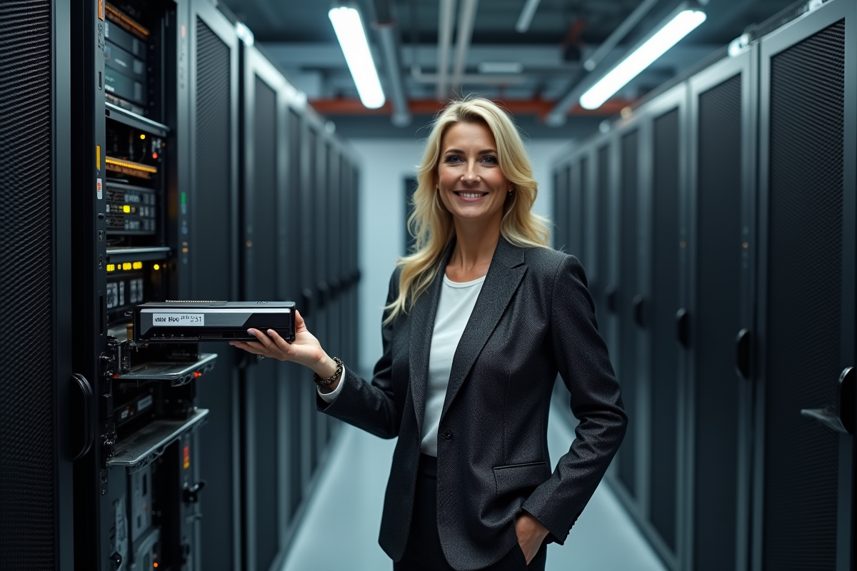 Femme d age moyen tenant une carte graphique dans un centre de serveurs