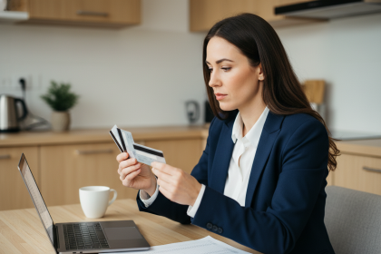 Jeune femme professionnelle compare des cartes de crédit