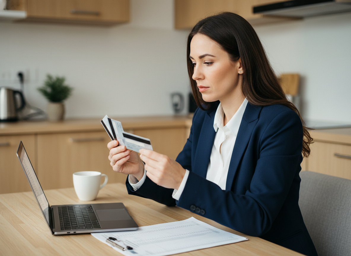 Jeune femme professionnelle compare des cartes de crédit