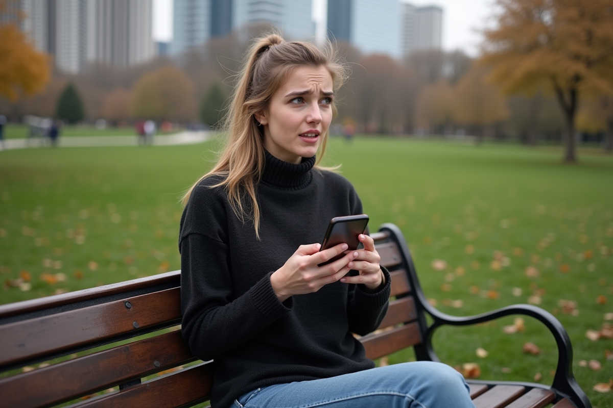 Jeune femme dehors sur un banc regardant son smartphone