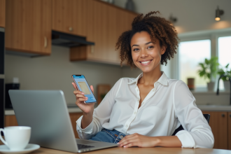 Jeune femme avec smartphone et carte virtuelle à la maison
