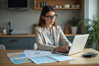 Femme d affaires concentrée sur son ordinateur avec plans immobiliers