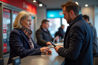Femme française vérifiant sa nouvelle carte bancaire à la poste