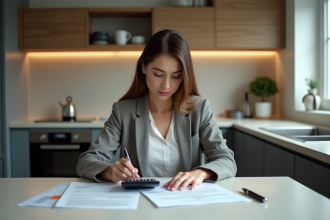 Femme concentrée examinant des documents de prêt à la maison
