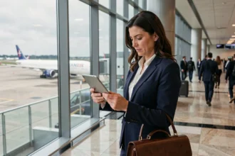 Femme professionnelle consultant des documents d'assurance voyage sur tablette dans un terminal d'aéroport