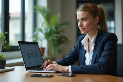 Jeune femme professionnelle analysant des graphiques numériques