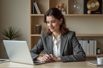 Femme élégante en bureau à domicile avec laptop et livres