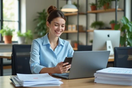 Jeune femme professionnelle souriante utilisant une application bancaire