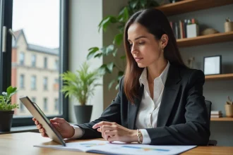 Femme professionnelle analysant des données immobilières