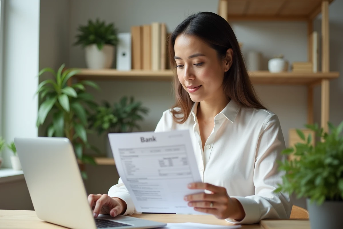 Femme consultant un relevé bancaire Crédit Agricole sur son ordinateur portable dans un bureau à domicile
