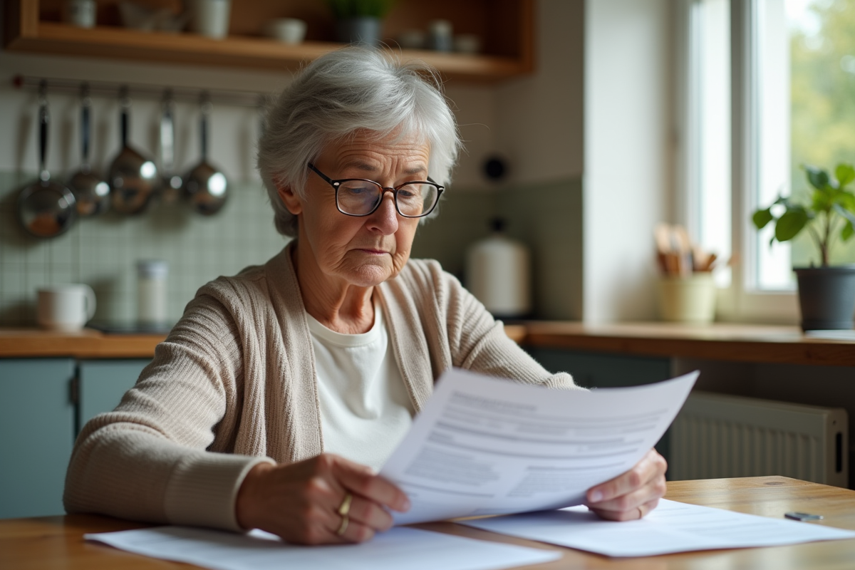 Femme retraitée examine documents de pension à la maison
