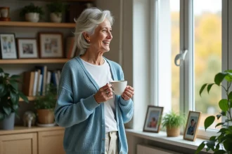Femme âgée souriante dans un salon lumineux et cosy
