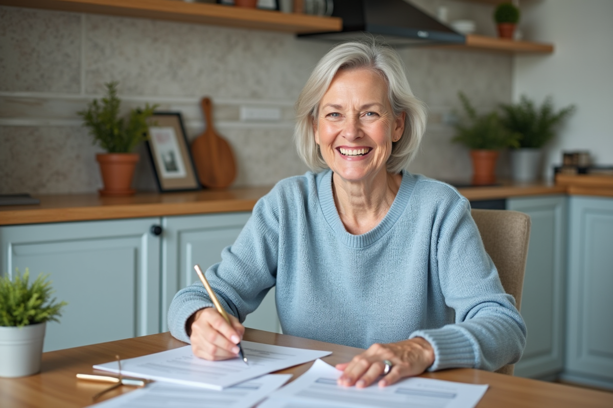 Femme senior souriante lit des documents d'assurance à la maison