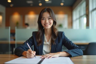 Jeune femme signant un document en banque