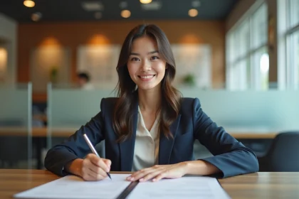 Jeune femme signant un document en banque