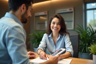 Femme souriante signant des documents en banque