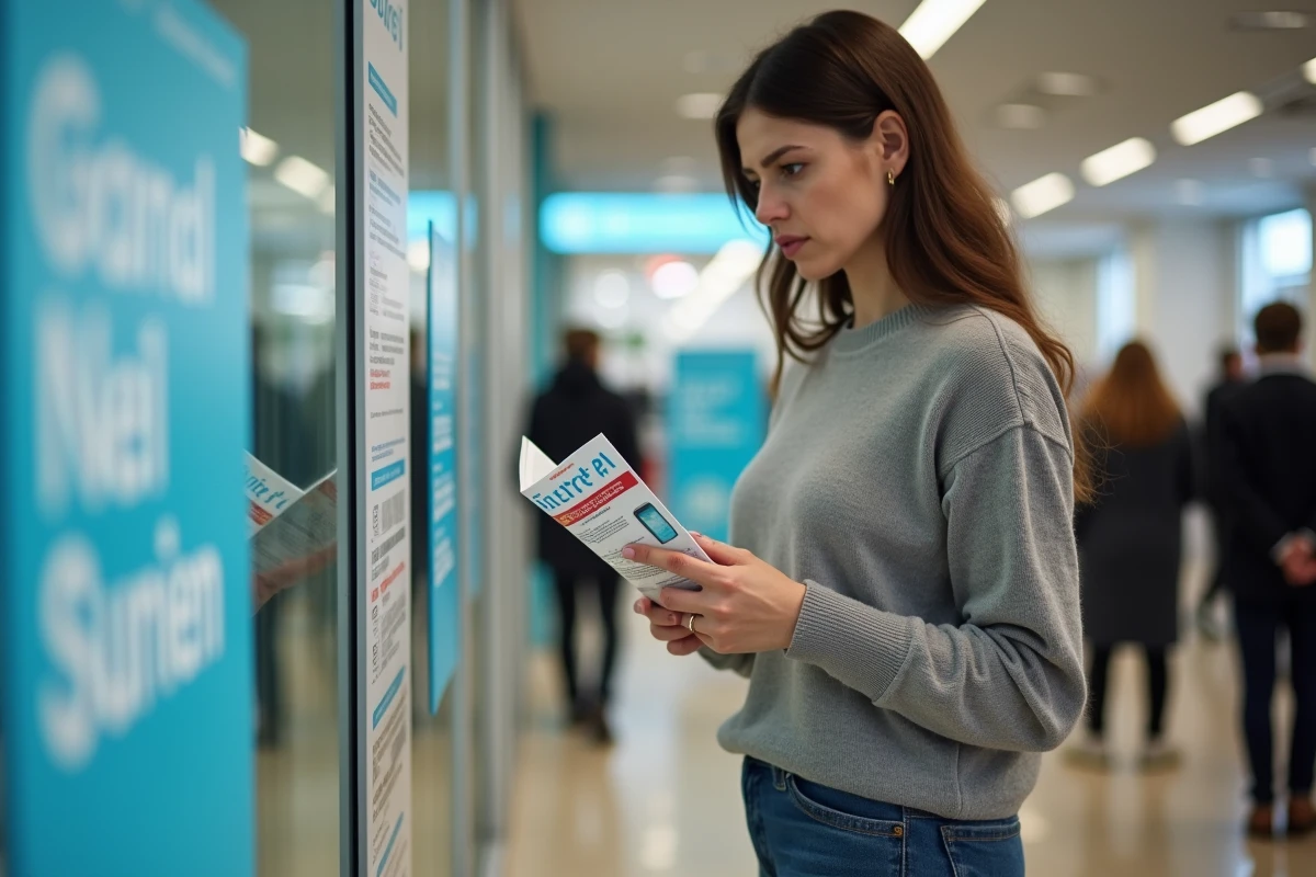 Jeune femme examinant brochures Livret A à la banque