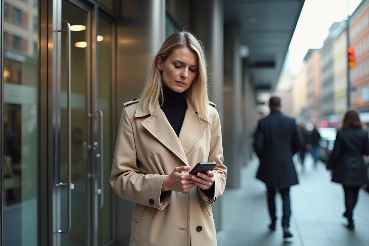 Femme en trench beige regardant son téléphone devant une banque