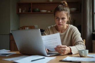 Femme stressée lisant un courrier administratif de Pôle emploi à sa table de cuisine avec un ordinateur portable ouvert