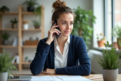 Femme d'âge moyen parlant au téléphone dans un bureau lumineux