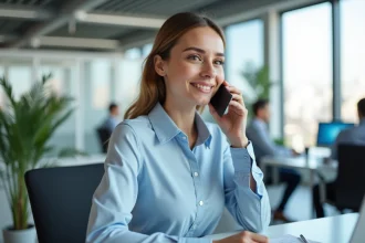 Femme au téléphone avec le service client Cetelem dans un bureau moderne