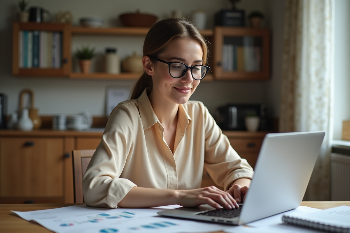 Jeune femme au bureau à domicile tape des chiffres sur son ordinateur