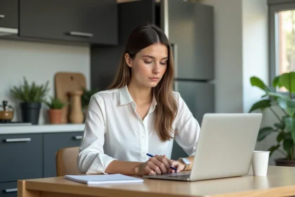 Jeune femme concentrée travaillant à la maison avec son ordinateur