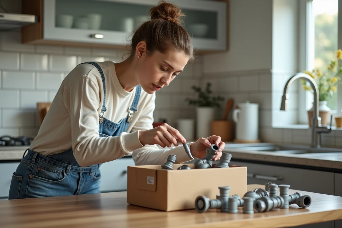 Jeune femme triant des pièces de plomberie dans la cuisine