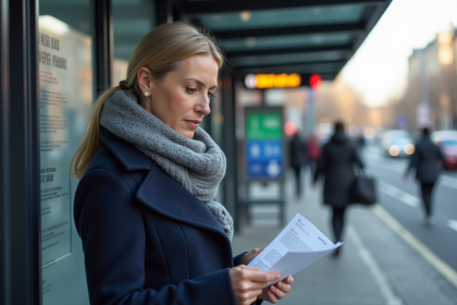 Femme en manteau lisant une lettre à un arrêt de bus urbain
