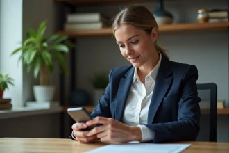 Femme professionnelle consultant une application bancaire sur smartphone pour un virement instantané à La Banque Postale