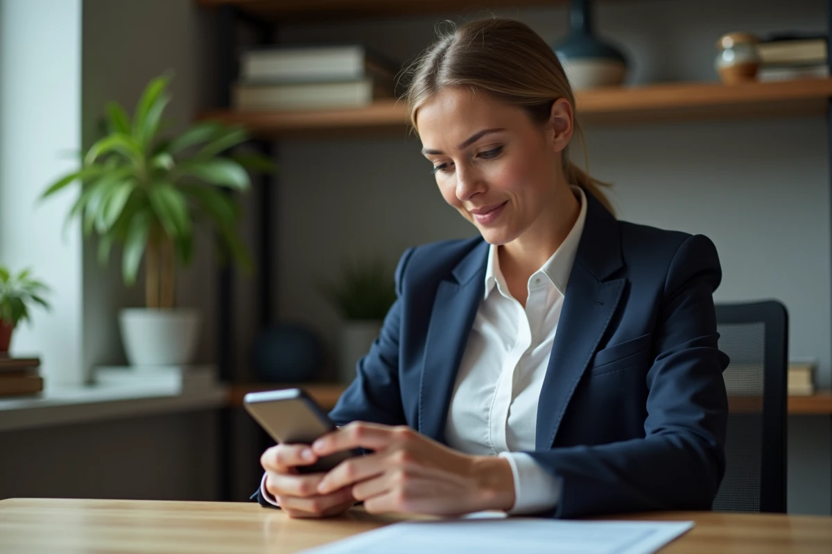 Femme professionnelle consultant une application bancaire sur smartphone pour un virement instantané à La Banque Postale