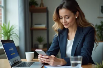 Femme professionnelle vérifiant un virement PayPal vers son compte bancaire sur smartphone