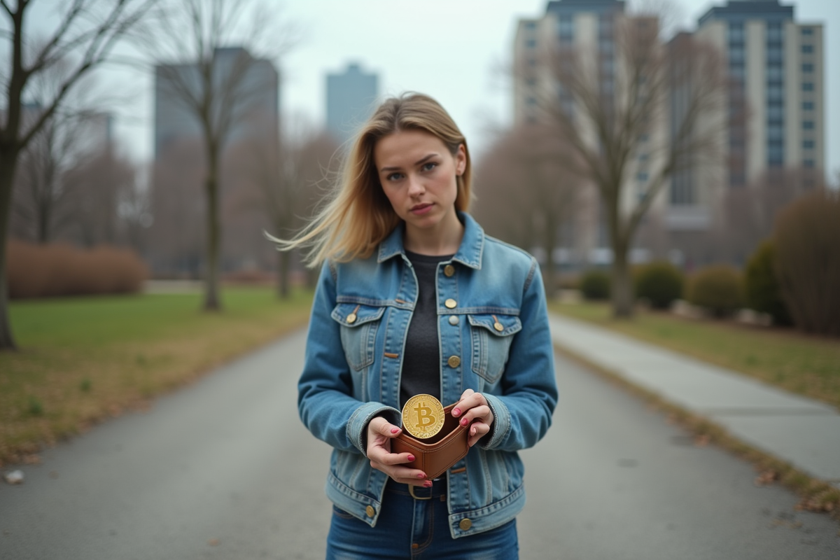 Jeune femme avec portefeuille vide et pièce Bitcoin