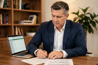 Homme d'affaires analysant un dossier de financement SCPI à crédit dans un bureau moderne