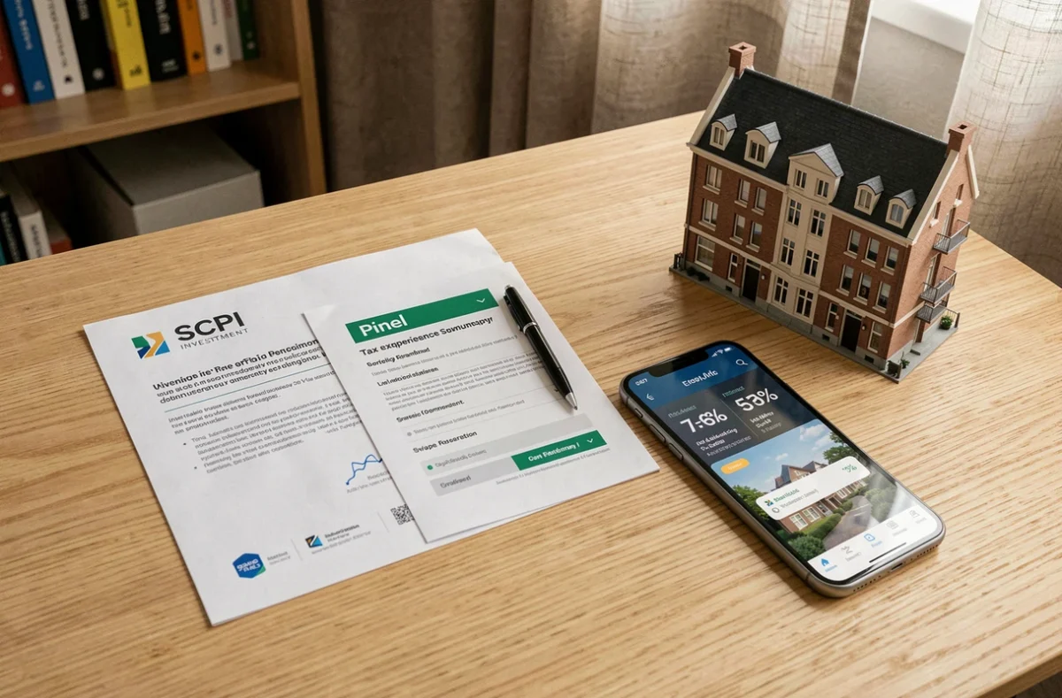 Flat lay de documents et brochure SCPI Pinel sur un bureau en chêne avec smartphone affichant le rendement d'un portefeuille immobilier