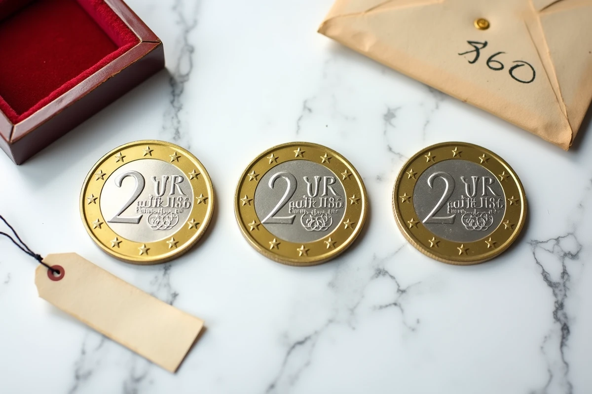 Disposition à plat de trois pièces de 2 euros Jeux Olympiques 2026 sur marbre blanc montrant avers et revers avec étiquette de valeur pour collectionneurs