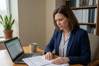 Fonctionnaire féminine analysant des documents de regroupement de crédits à son bureau administratif