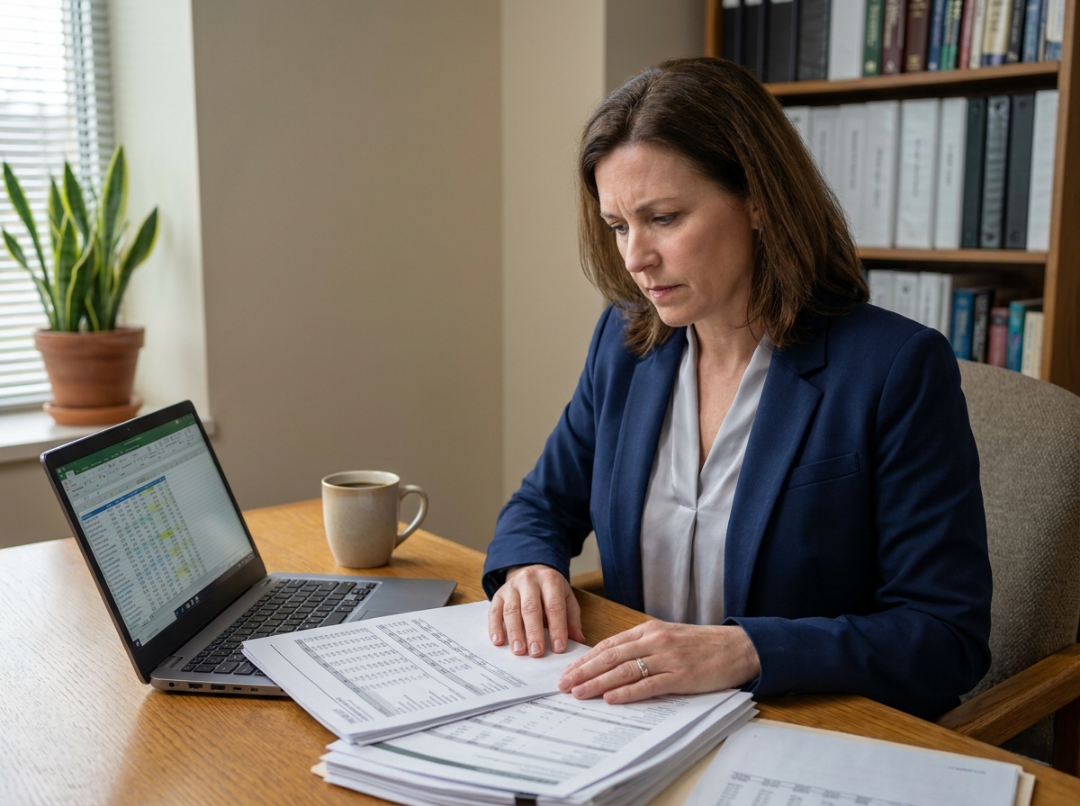 Fonctionnaire féminine analysant des documents de regroupement de crédits à son bureau administratif