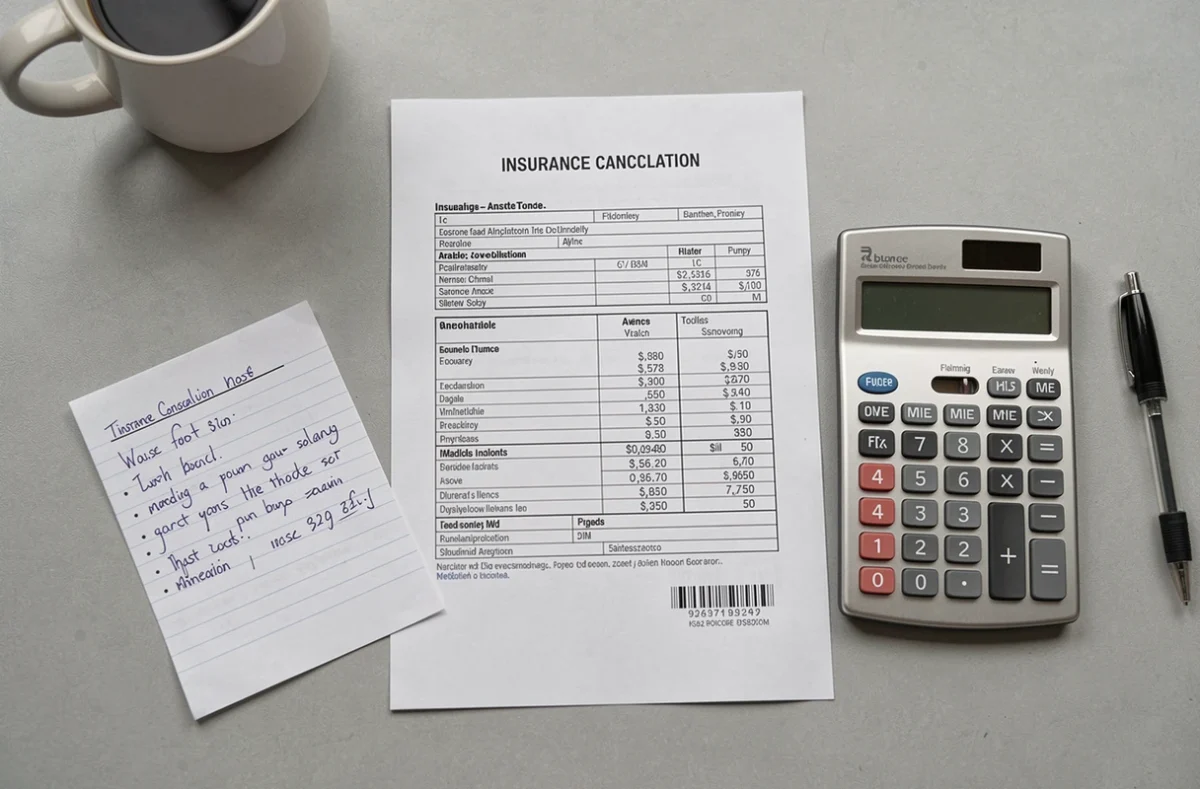 Vue aérienne d'un formulaire de résiliation d'assurance avec calculatrice et notes manuscrites sur un bureau